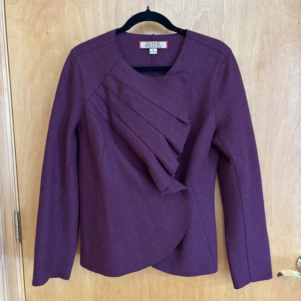 Beyond Threads Malbec Pleated Serena Peruvian‎ Alpaca Wool Sweater Jacket Small